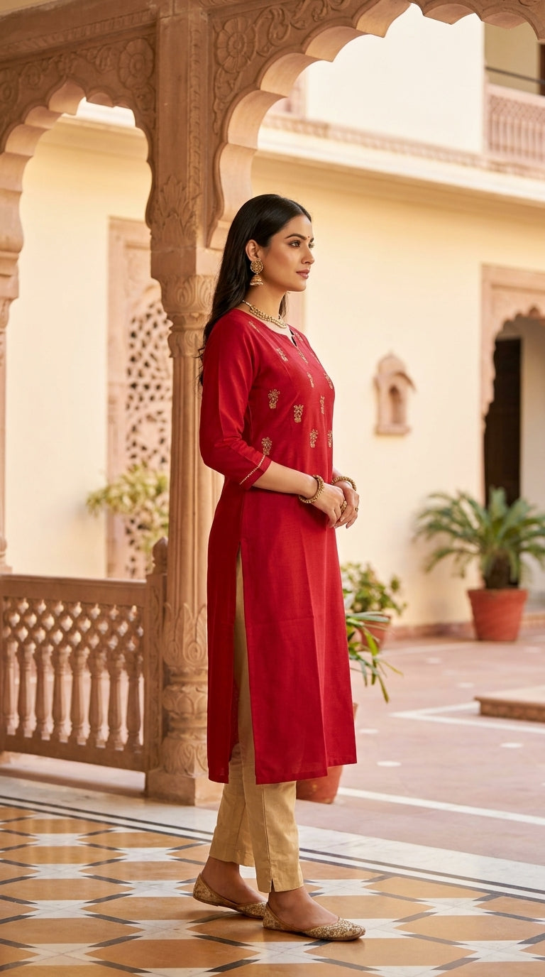 PANERI EMBROIDERY Red Gold Embroidered Straight Sillk Kurti