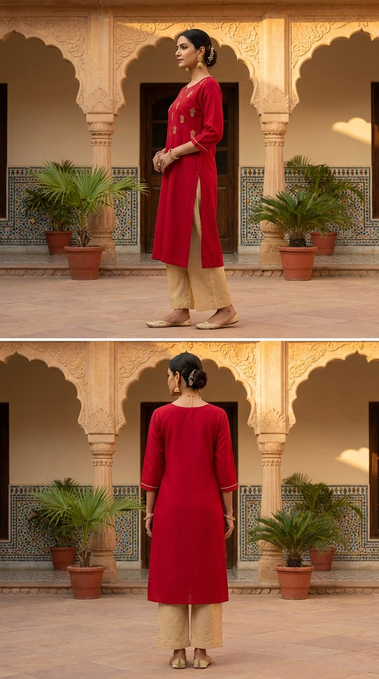 PANERI EMBROIDERY Red Gold Embroidered Straight Sillk Kurti