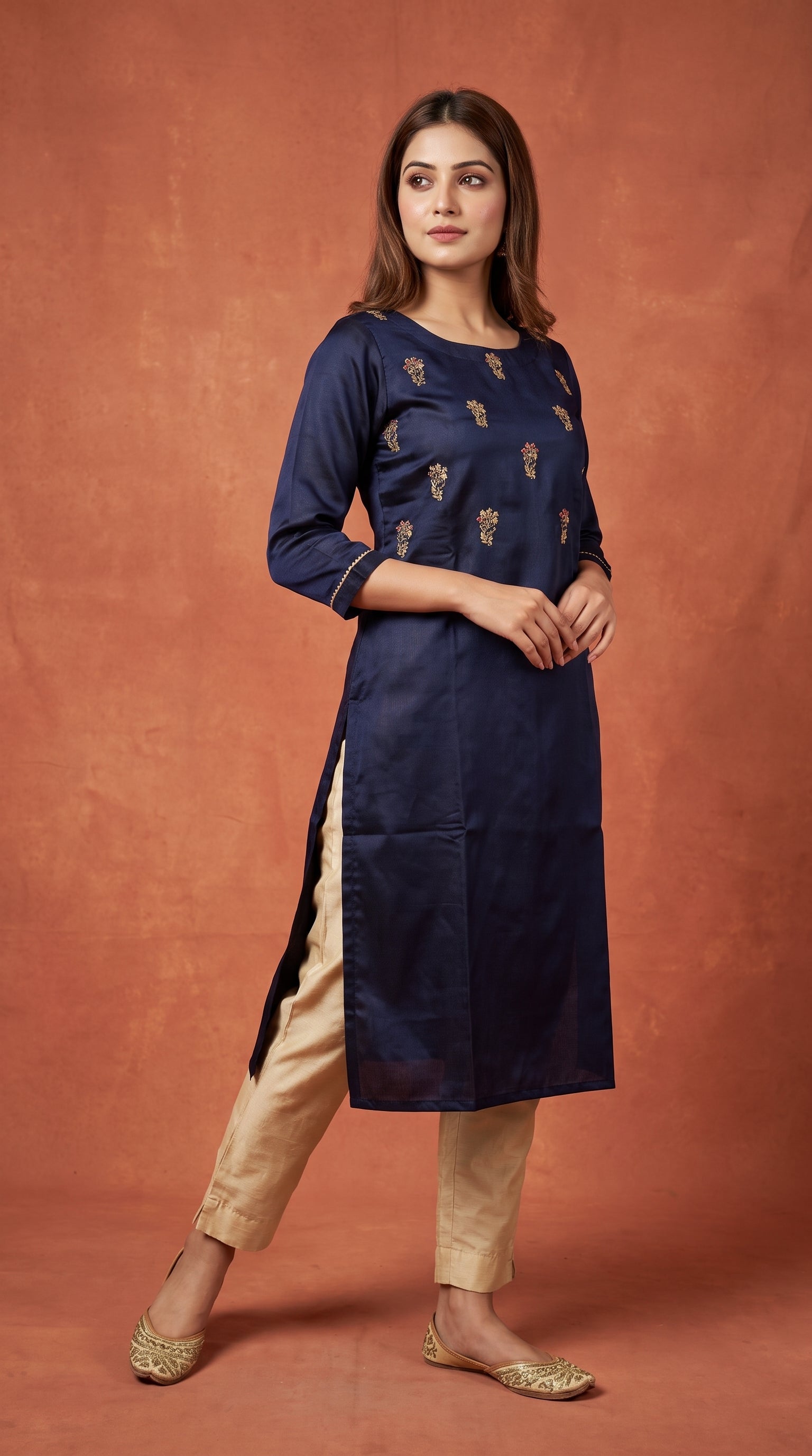 PANERI EMBROIDERY Navy Gold Embroidered Straight Sillk Kurti