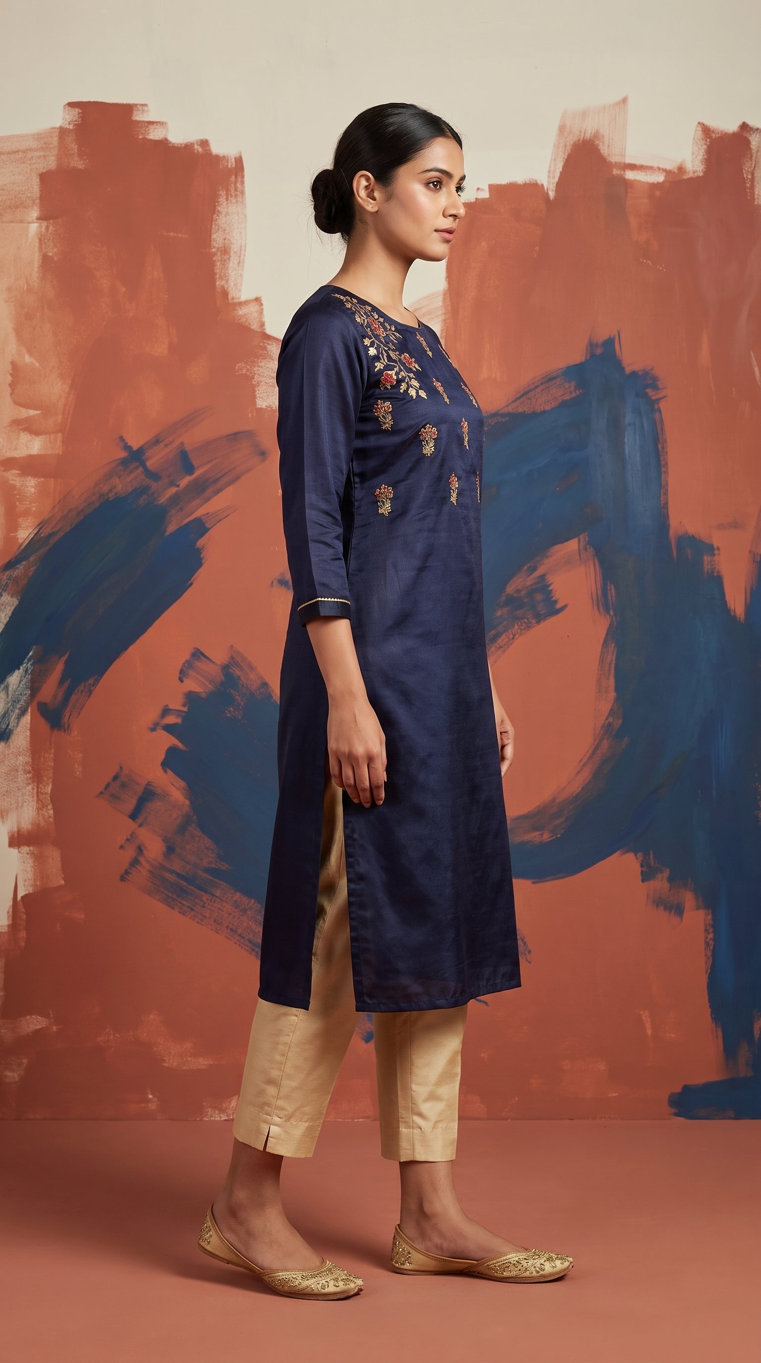 PANERI EMBROIDERY Navy Gold Embroidered Straight Sillk Kurti