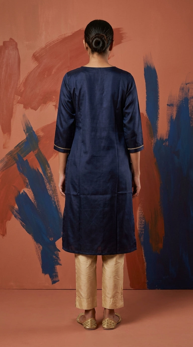 PANERI EMBROIDERY Navy Gold Embroidered Straight Sillk Kurti