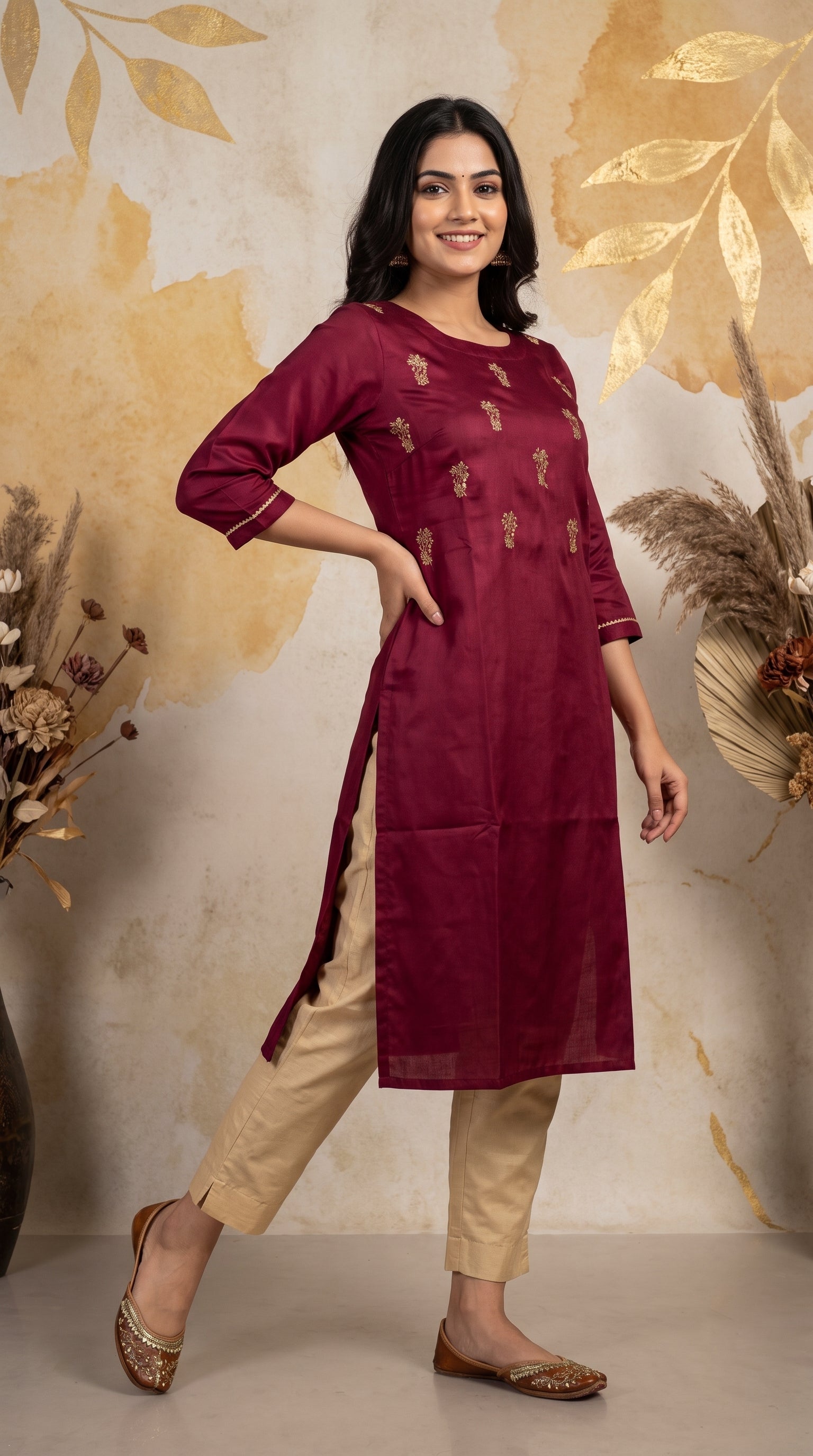PANERI EMBROIDERY Wine Gold Embroidered Straight Sillk Kurti