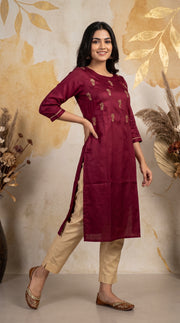 PANERI EMBROIDERY Wine Gold Embroidered Straight Sillk Kurti