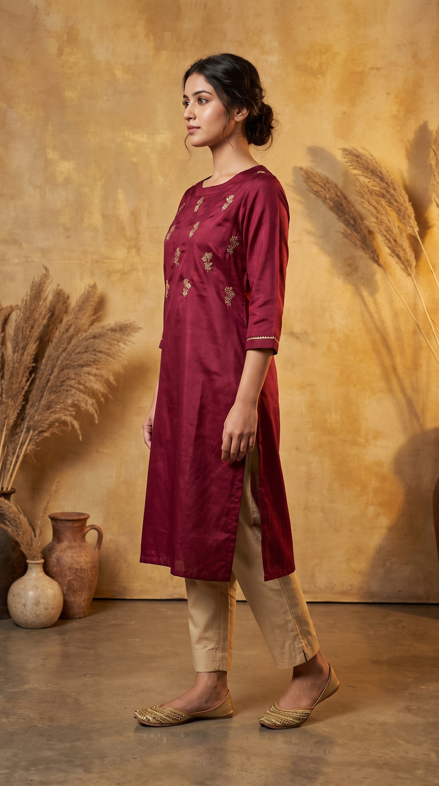 PANERI EMBROIDERY Wine Gold Embroidered Straight Sillk Kurti