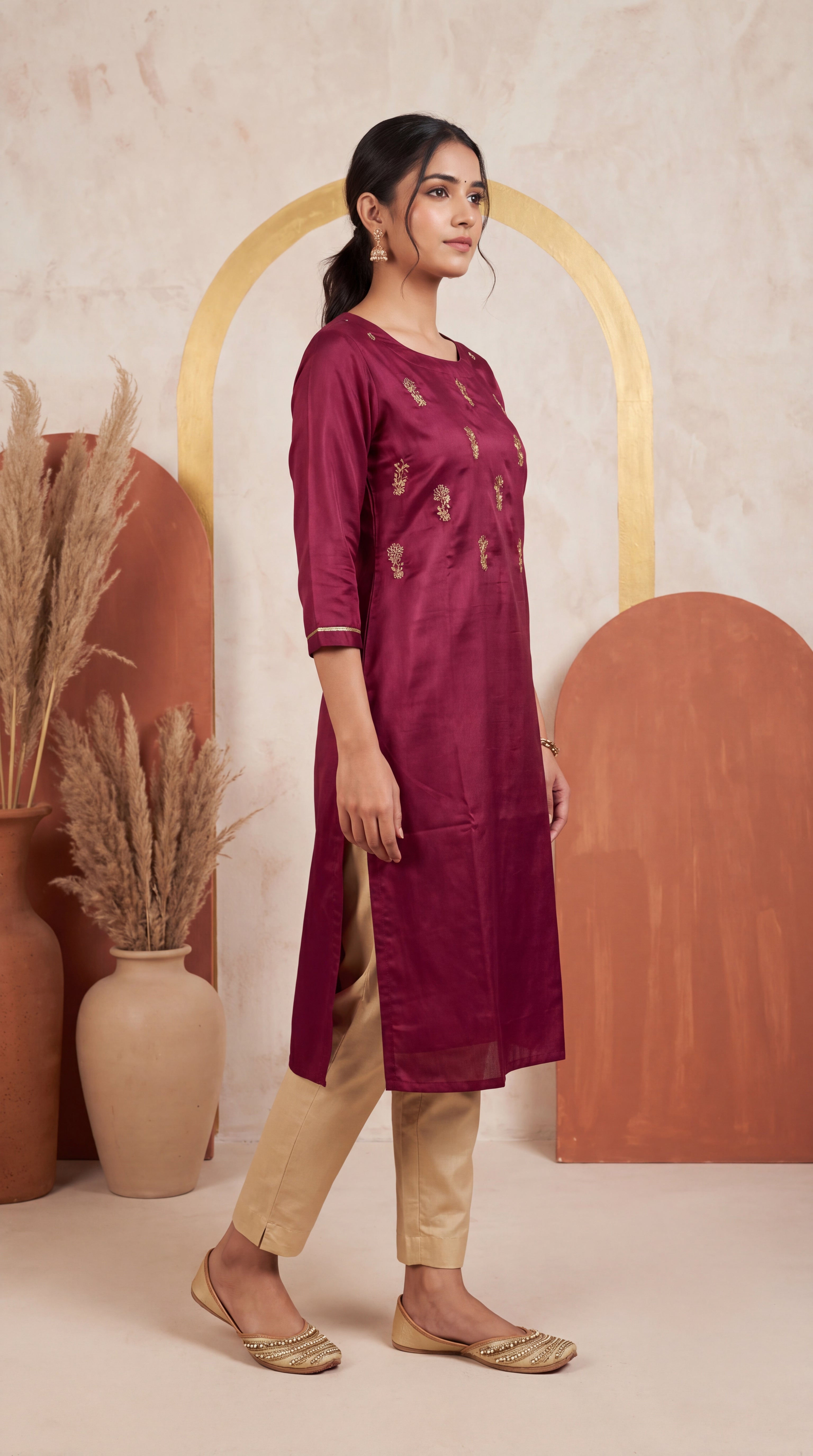 PANERI EMBROIDERY Wine Gold Embroidered Straight Sillk Kurti