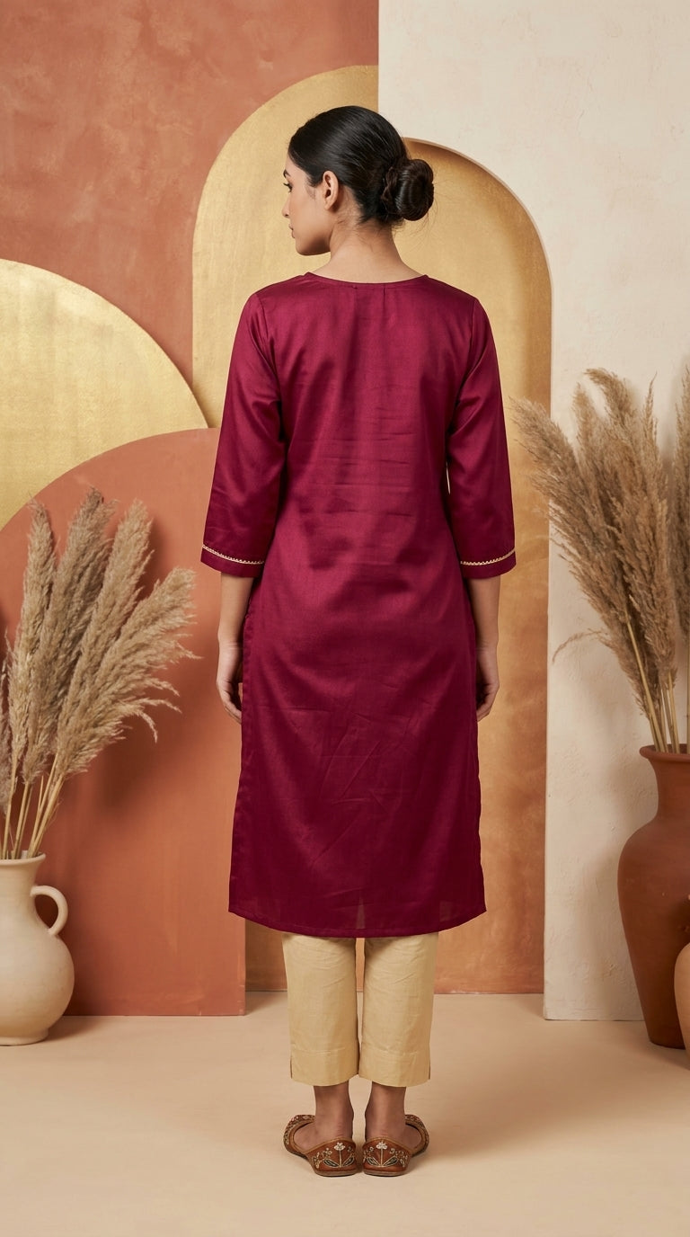 PANERI EMBROIDERY Wine Gold Embroidered Straight Sillk Kurti