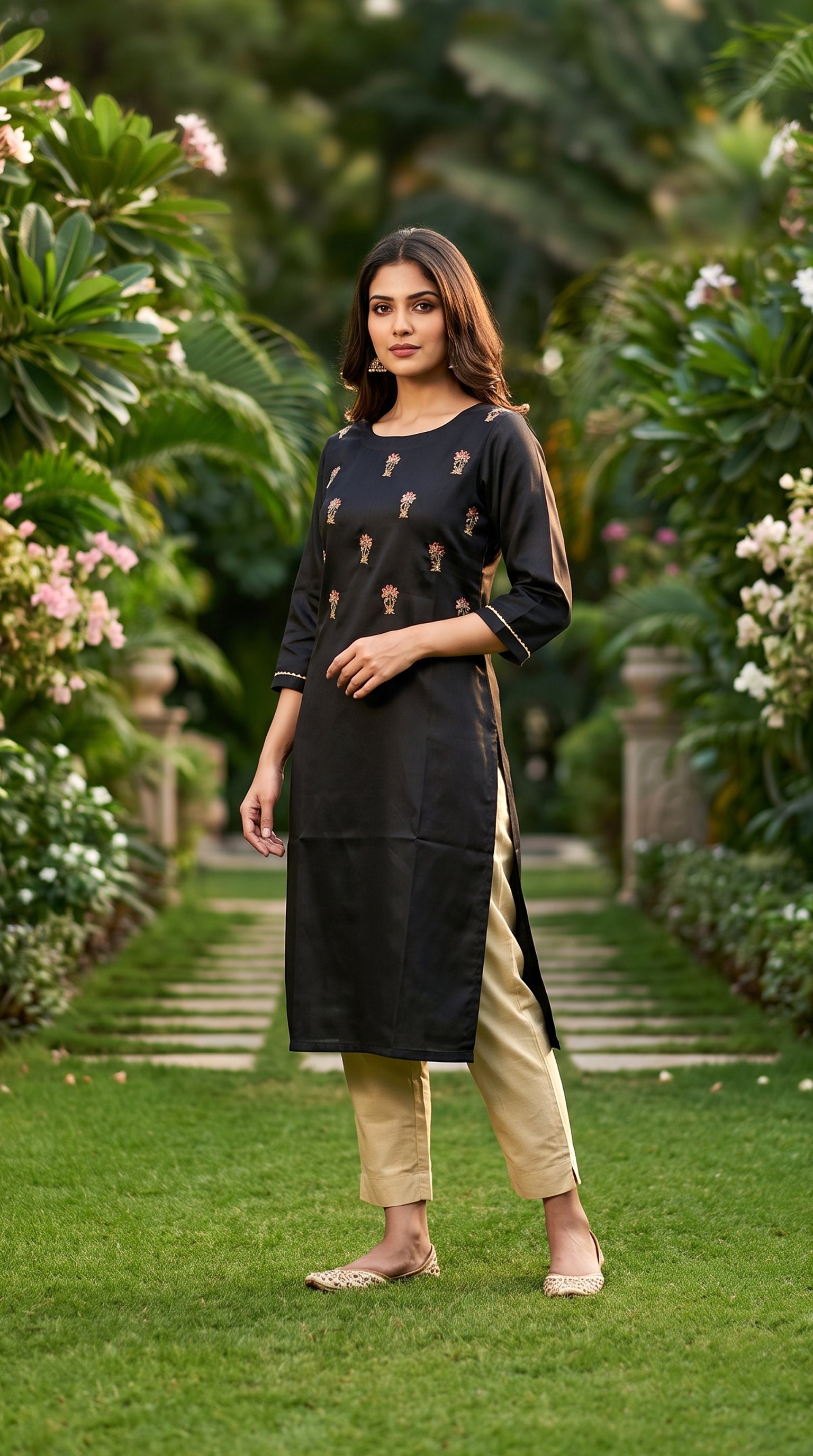 PANERI EMBROIDERY Black Gold Embroidered Straight Sillk Kurti