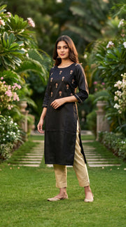 PANERI EMBROIDERY Black Gold Embroidered Straight Sillk Kurti