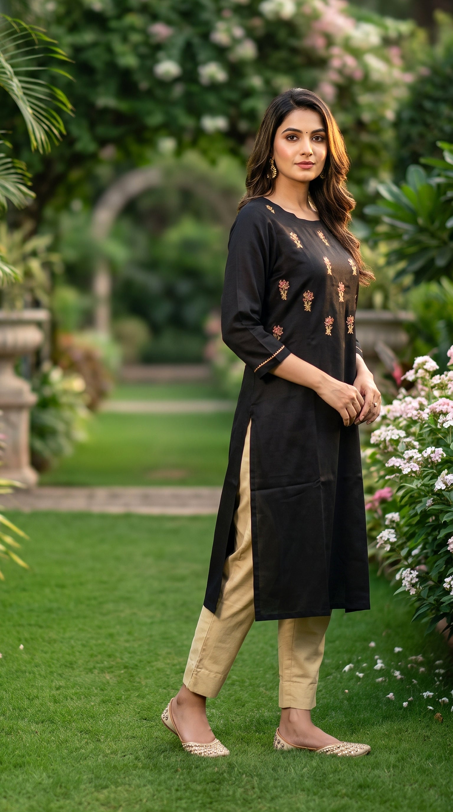 PANERI EMBROIDERY Black Gold Embroidered Straight Sillk Kurti