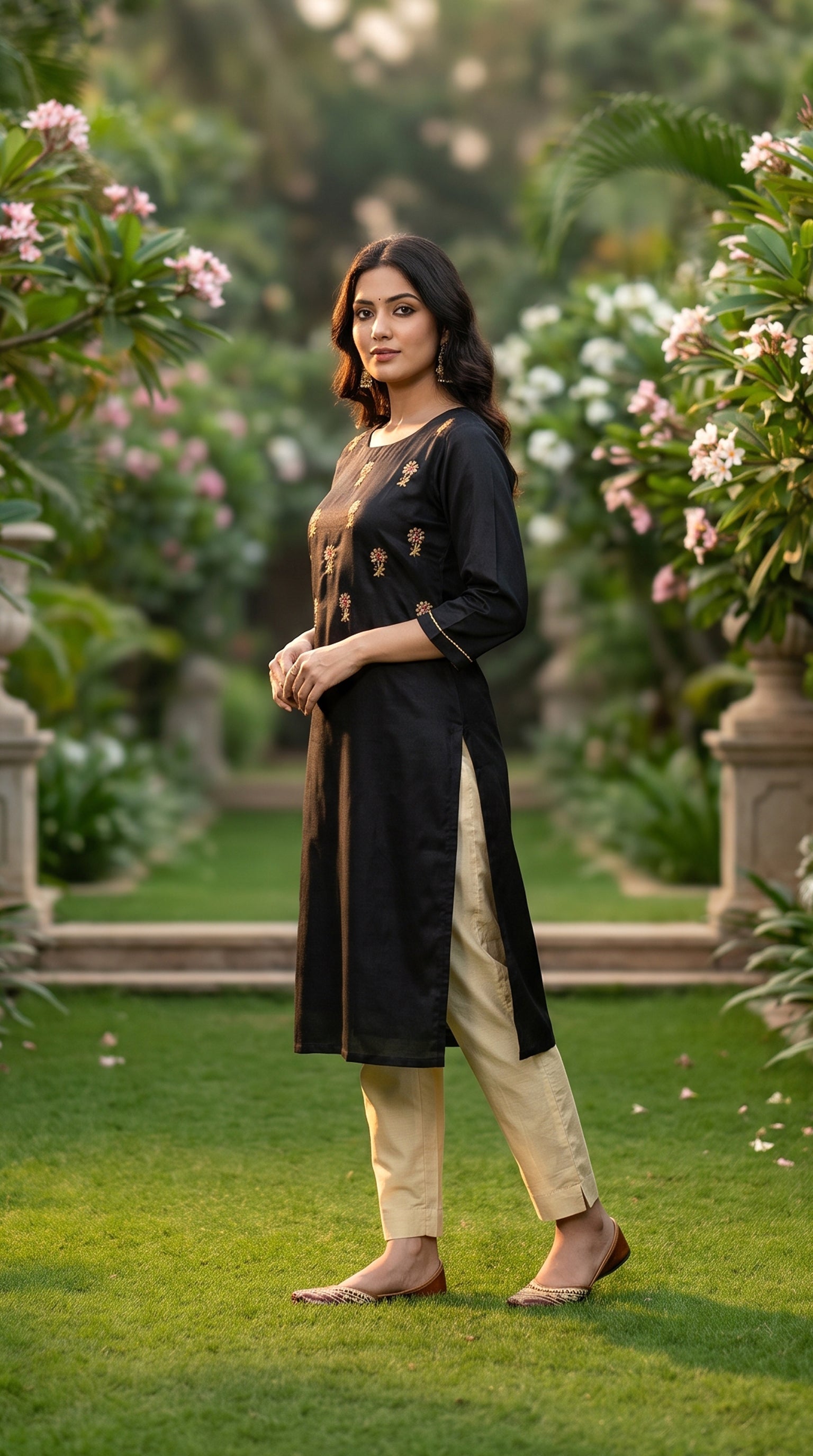 PANERI EMBROIDERY Black Gold Embroidered Straight Sillk Kurti
