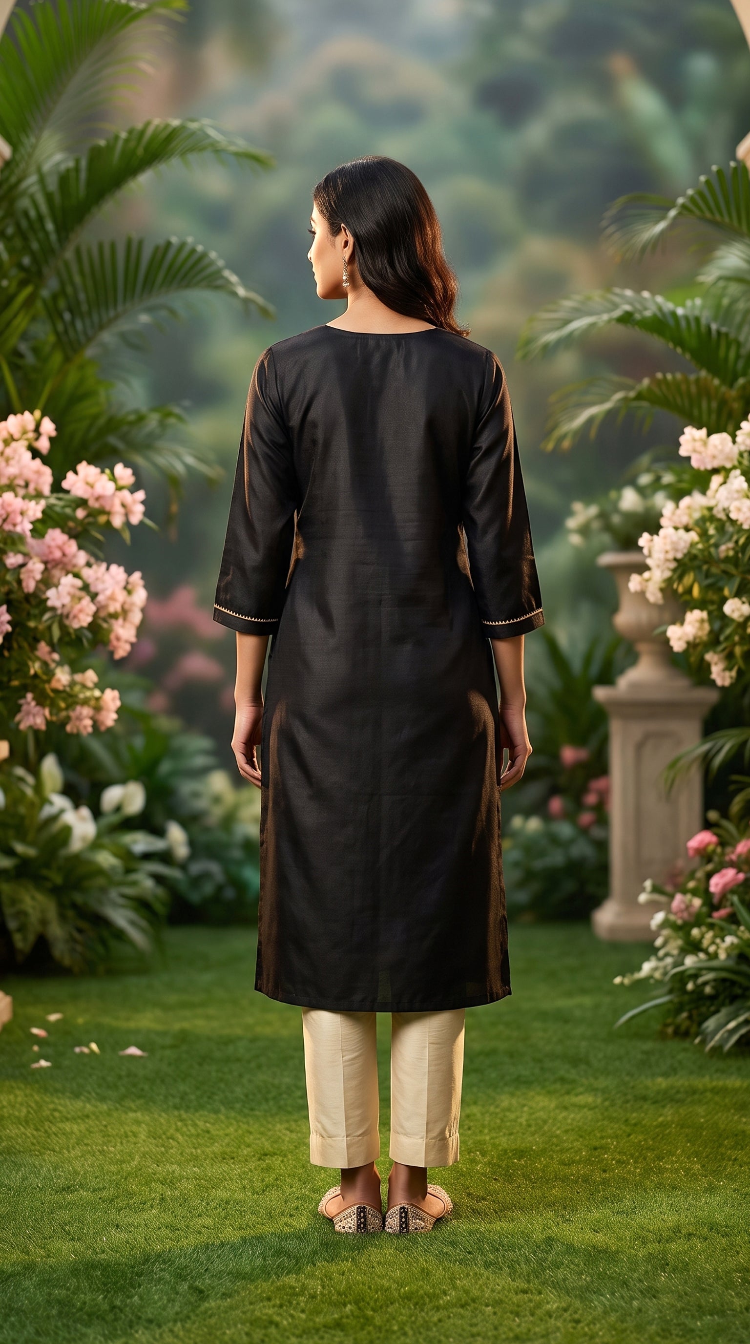 PANERI EMBROIDERY Black Gold Embroidered Straight Sillk Kurti