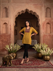 Paneri Embroidery Mustard Floral Short Kurti