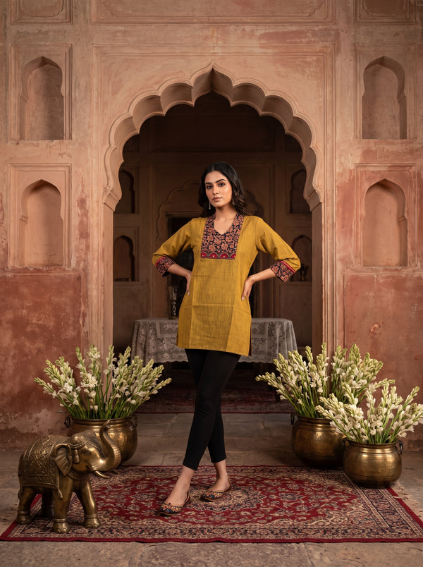 Paneri Embroidery Mustard Floral Short Kurti