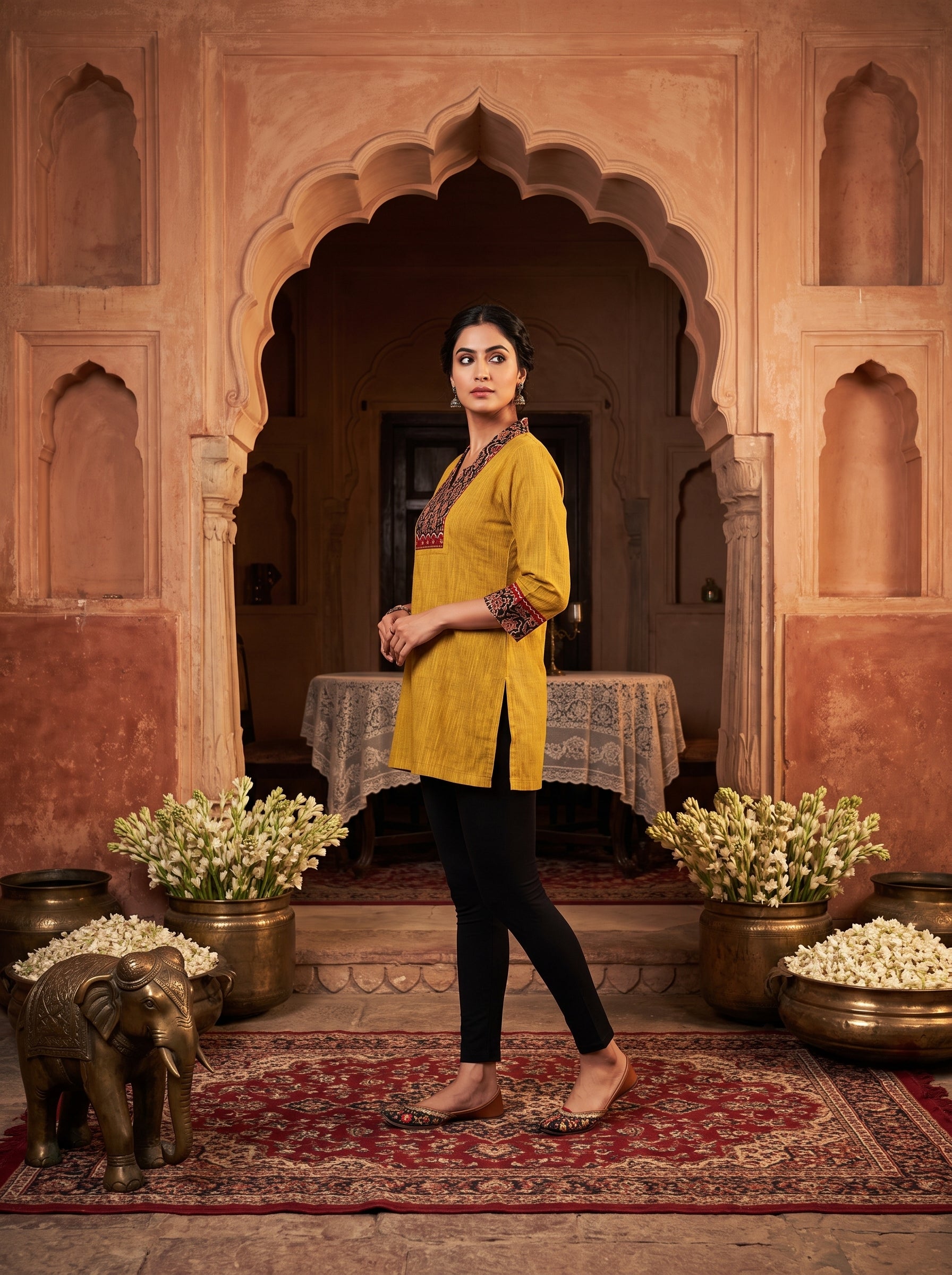 Paneri Embroidery Mustard Floral Short Kurti