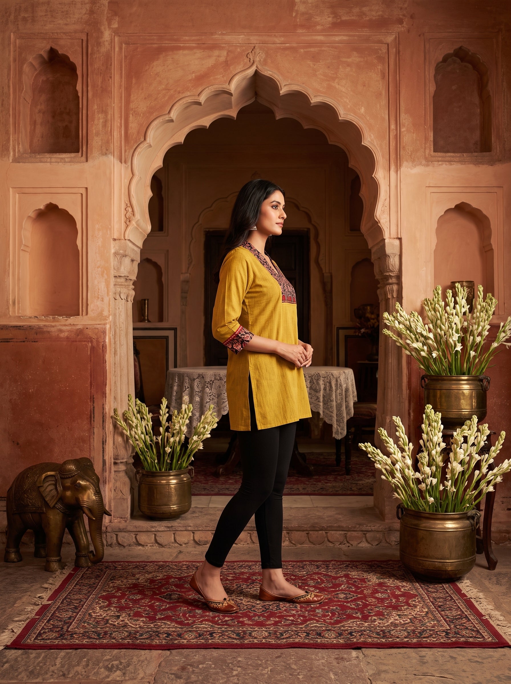 Paneri Embroidery Mustard Floral Short Kurti
