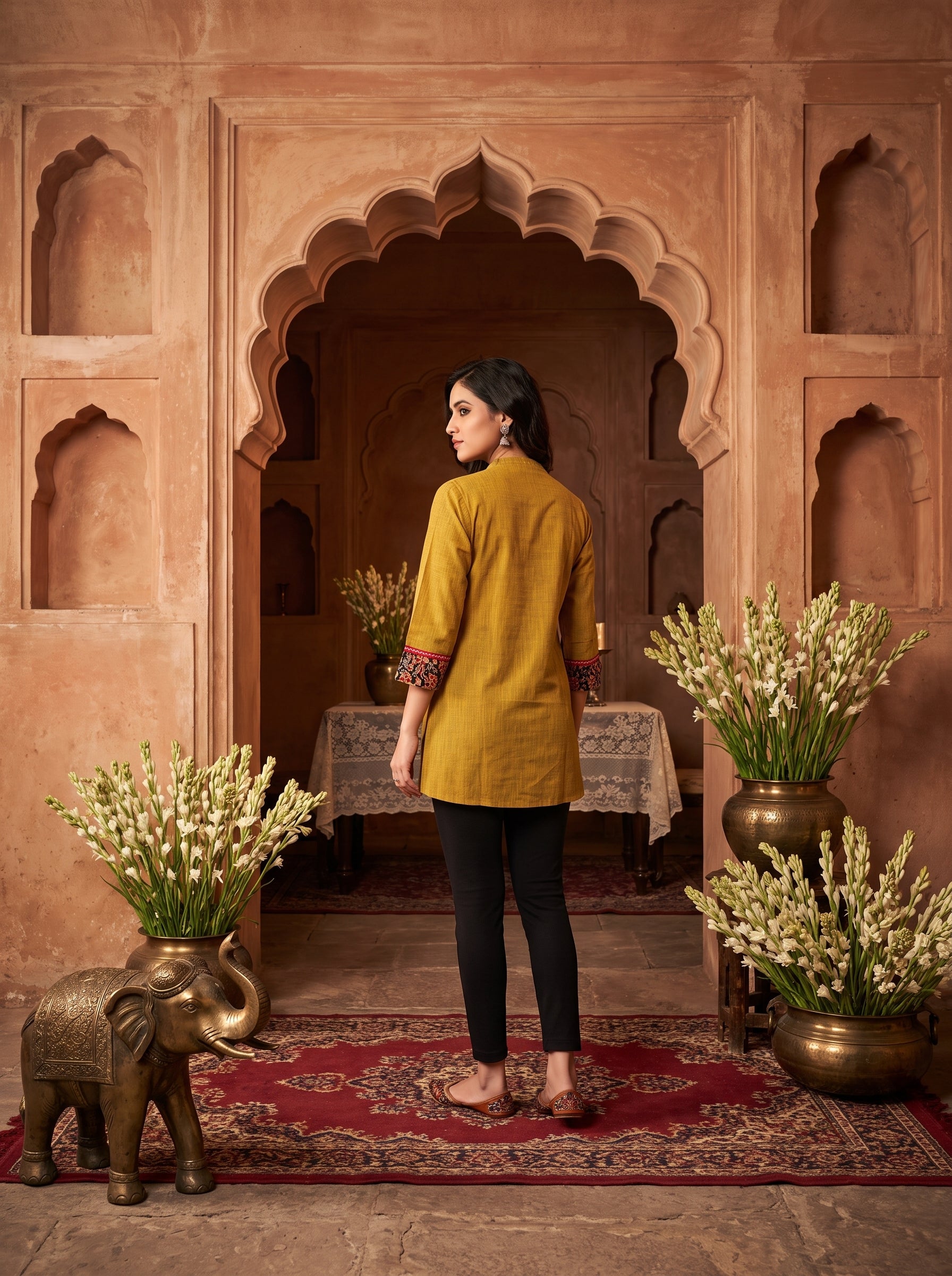 Paneri Embroidery Mustard Floral Short Kurti