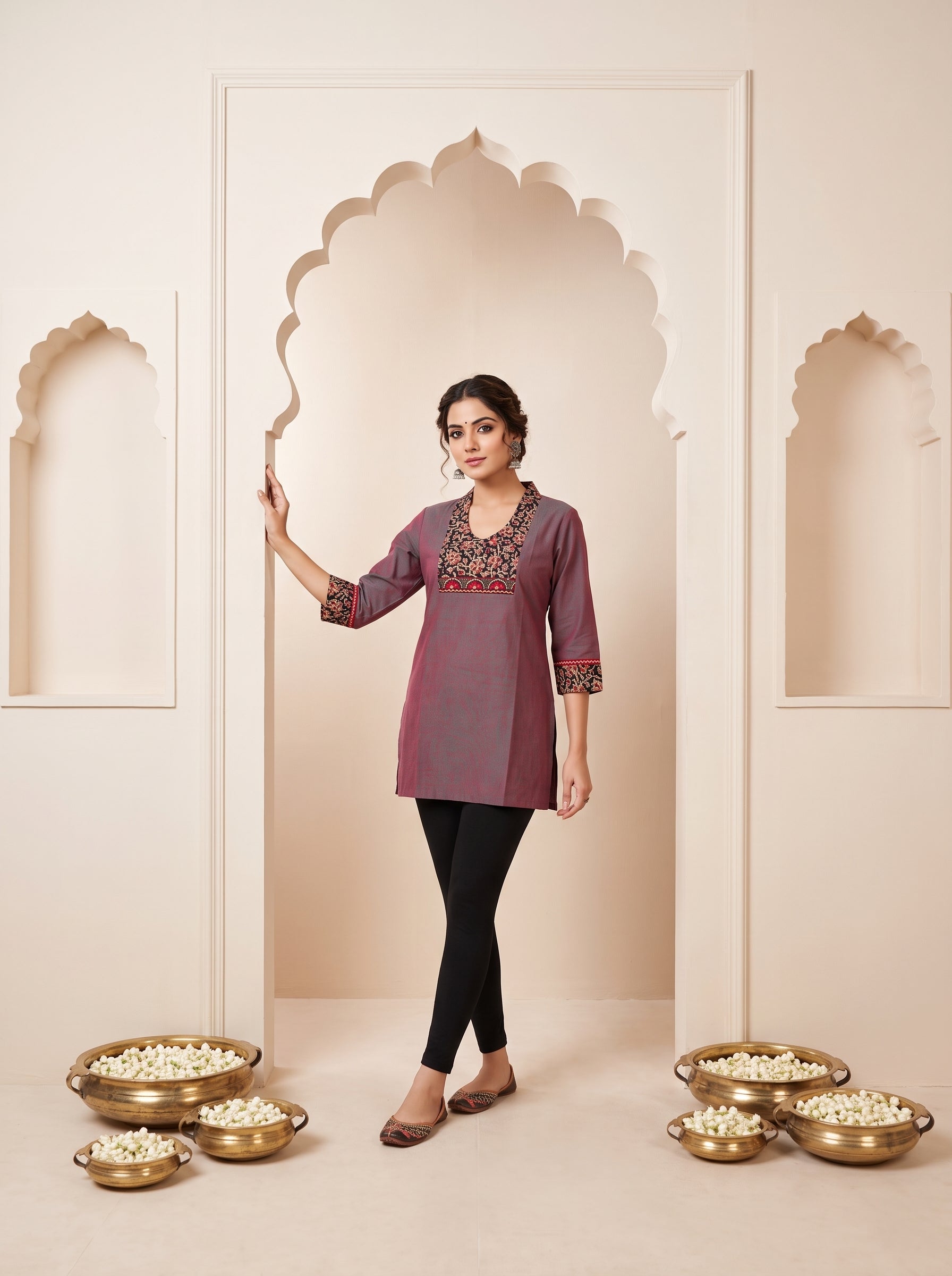 Paneri Embroidery Maroon Floral Short Kurti