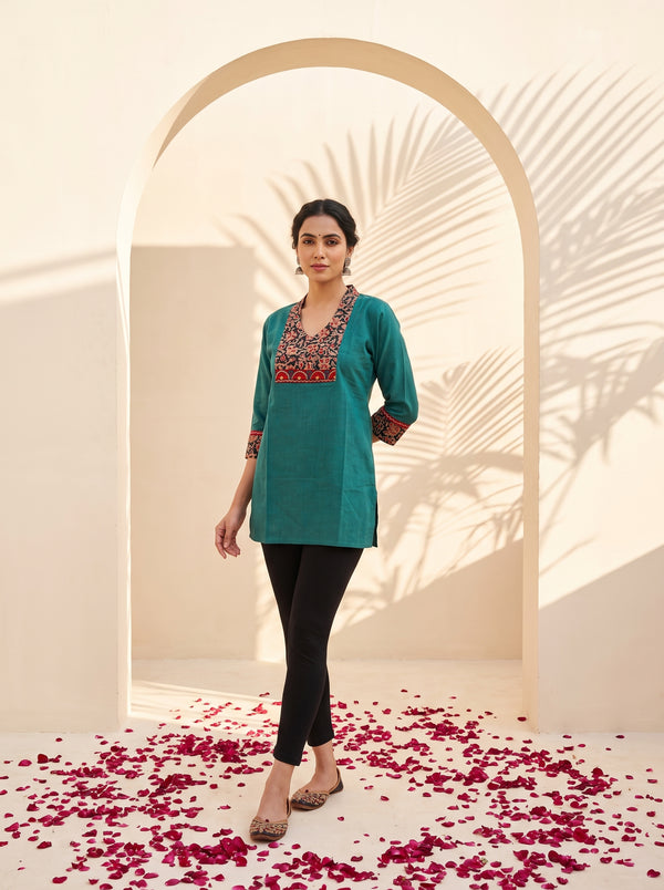 Paneri Embroidery Teal Floral Short Kurti