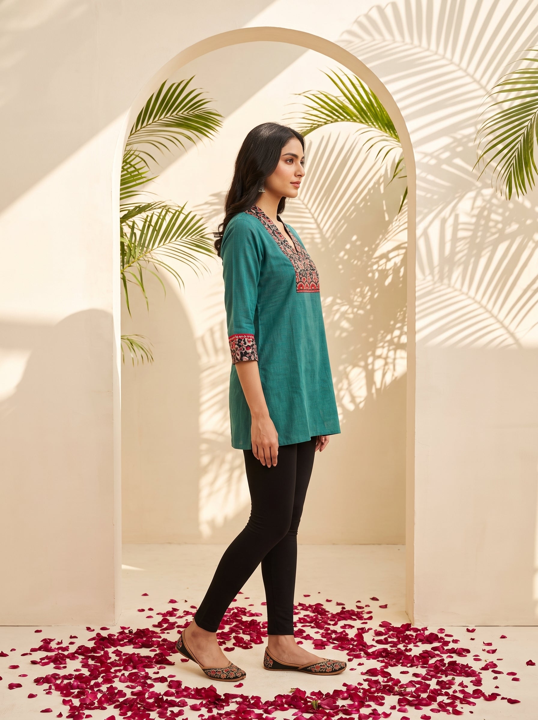 Paneri Embroidery Teal Floral Short Kurti