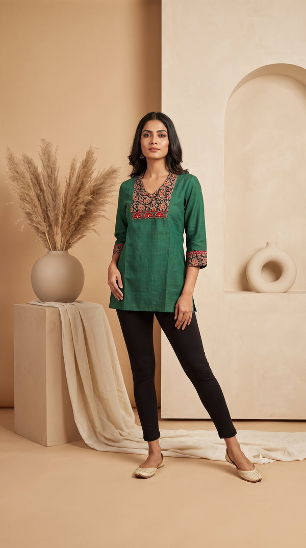 Paneri Embroidery Green Floral Short Kurti
