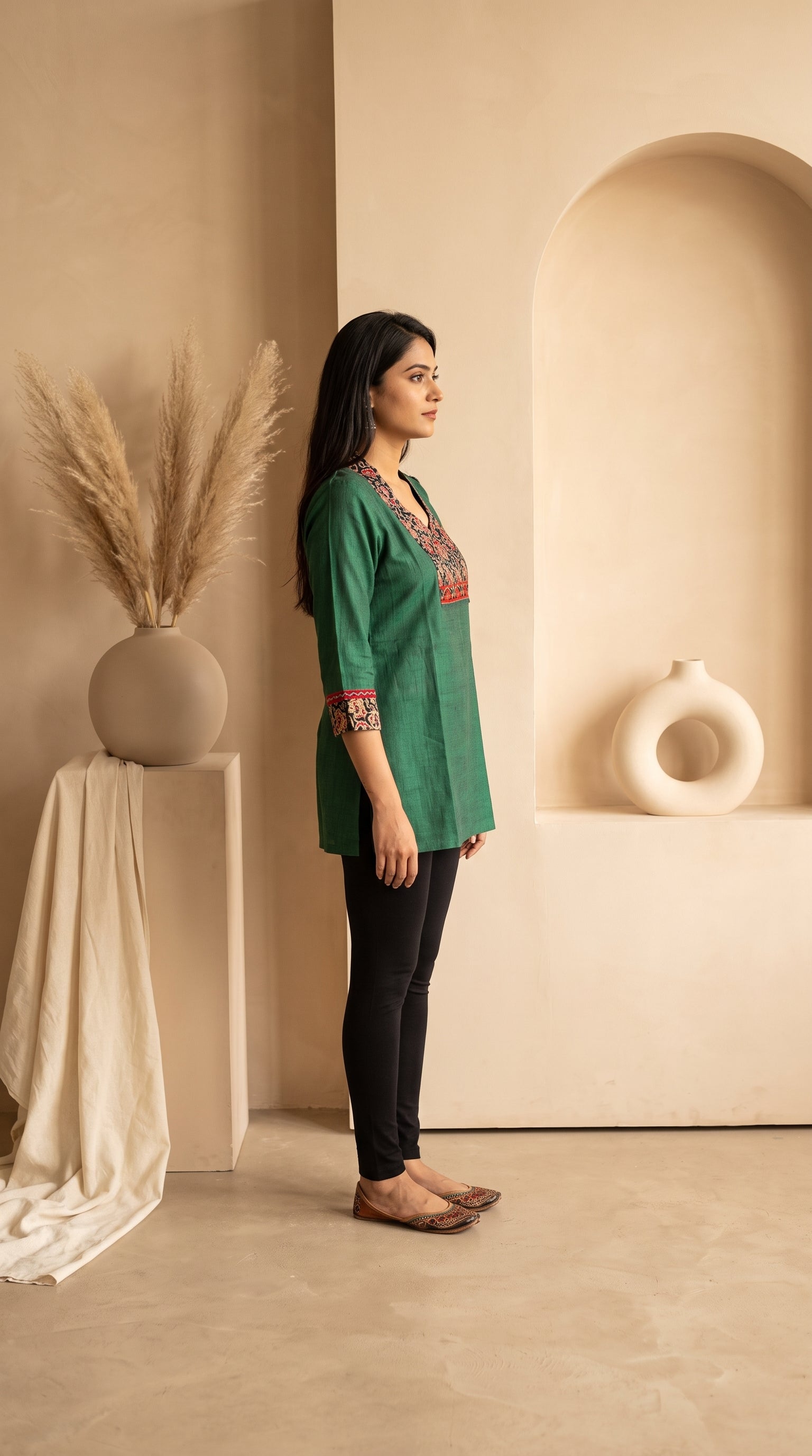 Paneri Embroidery Green Floral Short Kurti