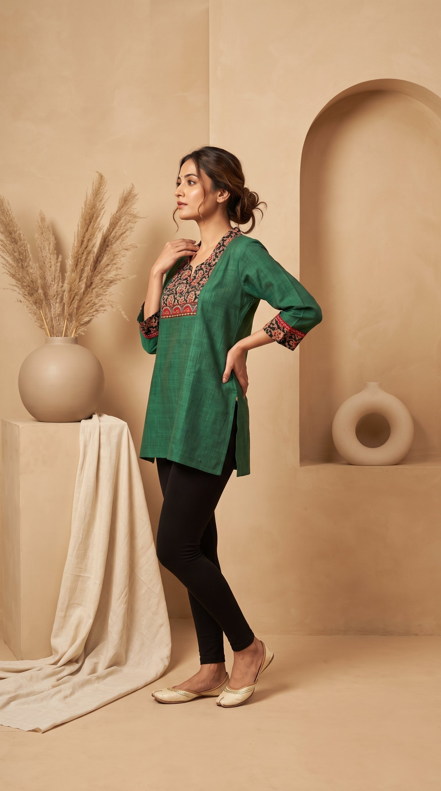 Paneri Embroidery Green Floral Short Kurti