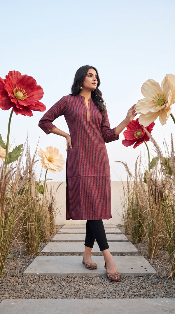Paneri Embroidery Crimson Heritage Striped Straight Kurti