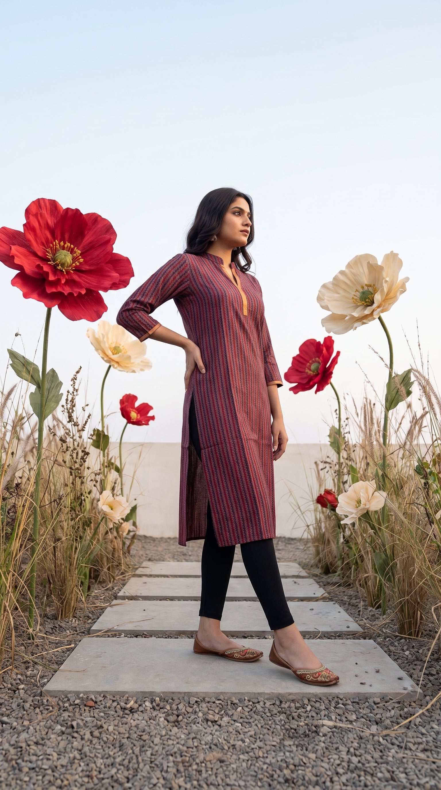 Paneri Embroidery Crimson Heritage Striped Straight Kurti