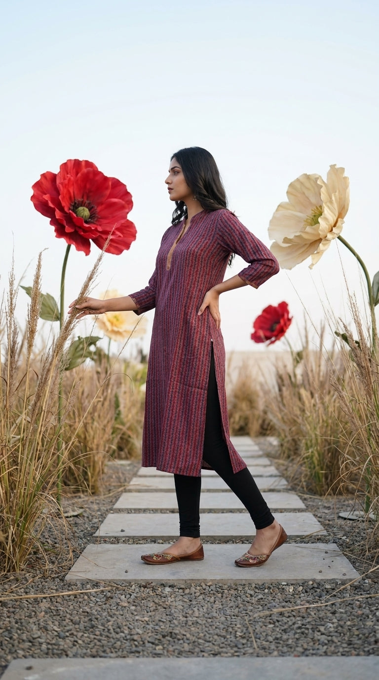 Paneri Embroidery Crimson Heritage Striped Straight Kurti