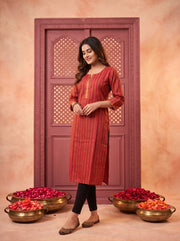 Paneri Embroidery Rust Bloom Straight Kurti