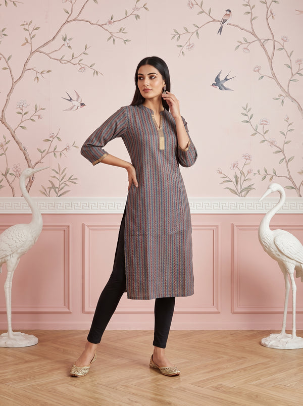 Paneri Embroidery Aarika Slate Striped Straight Kurti