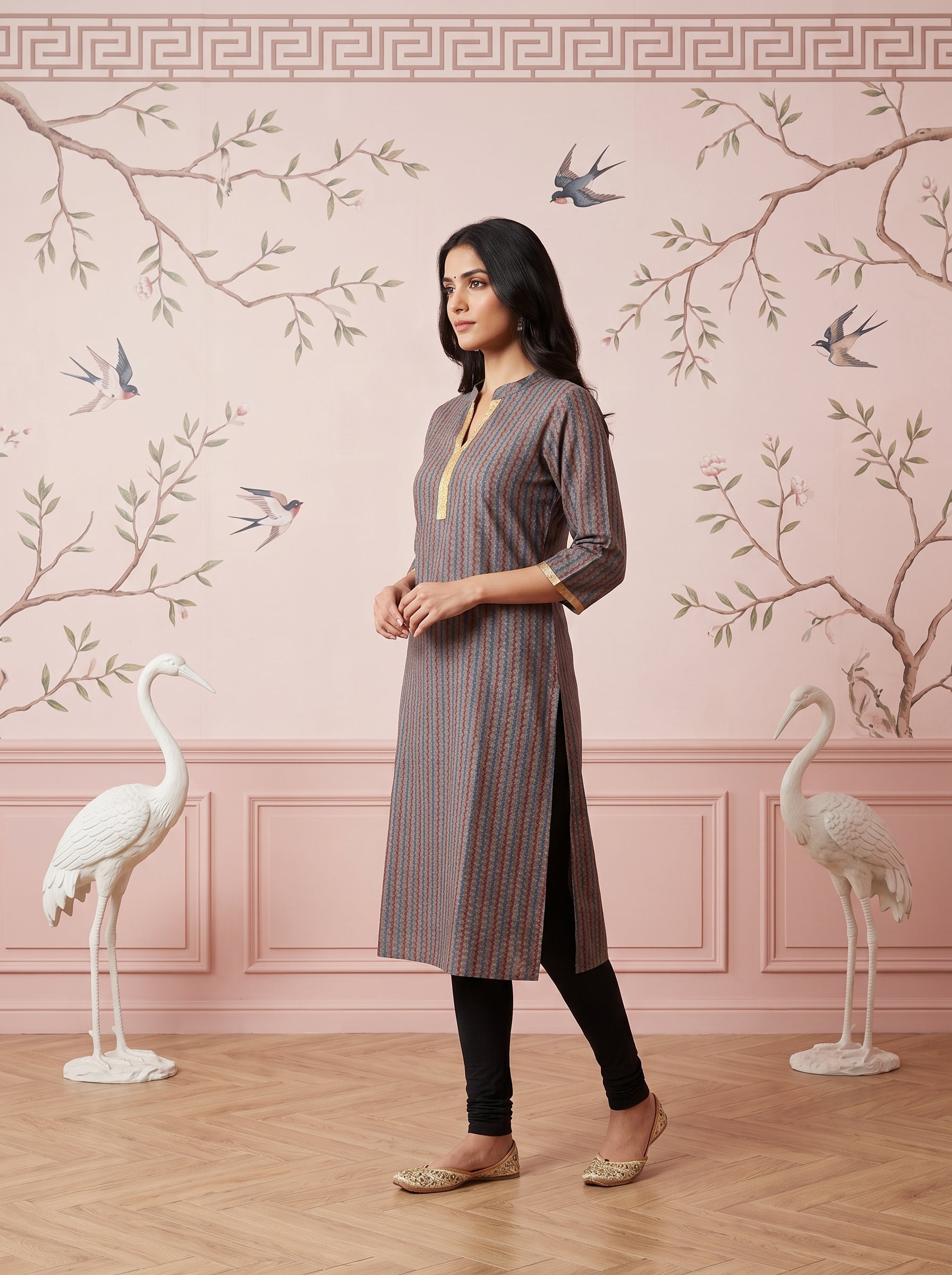 Paneri Embroidery Aarika Slate Striped Straight Kurti
