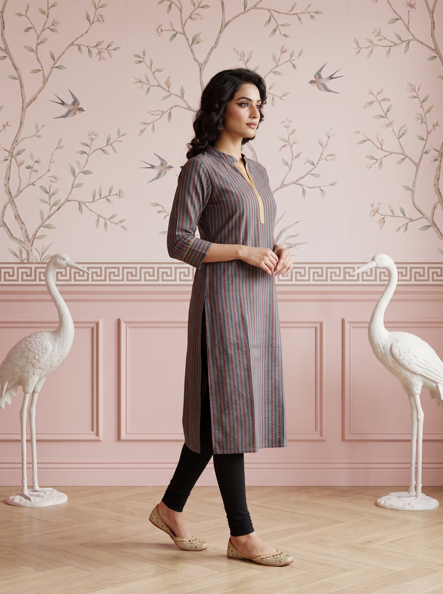 Paneri Embroidery Aarika Slate Striped Straight Kurti