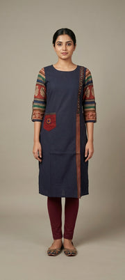 Traditional Mirror Work Embroidery Straight Long Kurti - NAVY BLUE