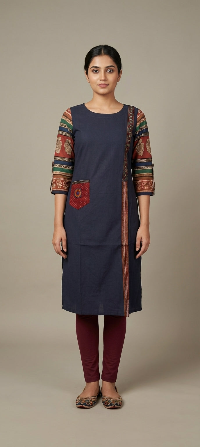 Traditional Mirror Work Embroidery Straight Long Kurti - NAVY BLUE
