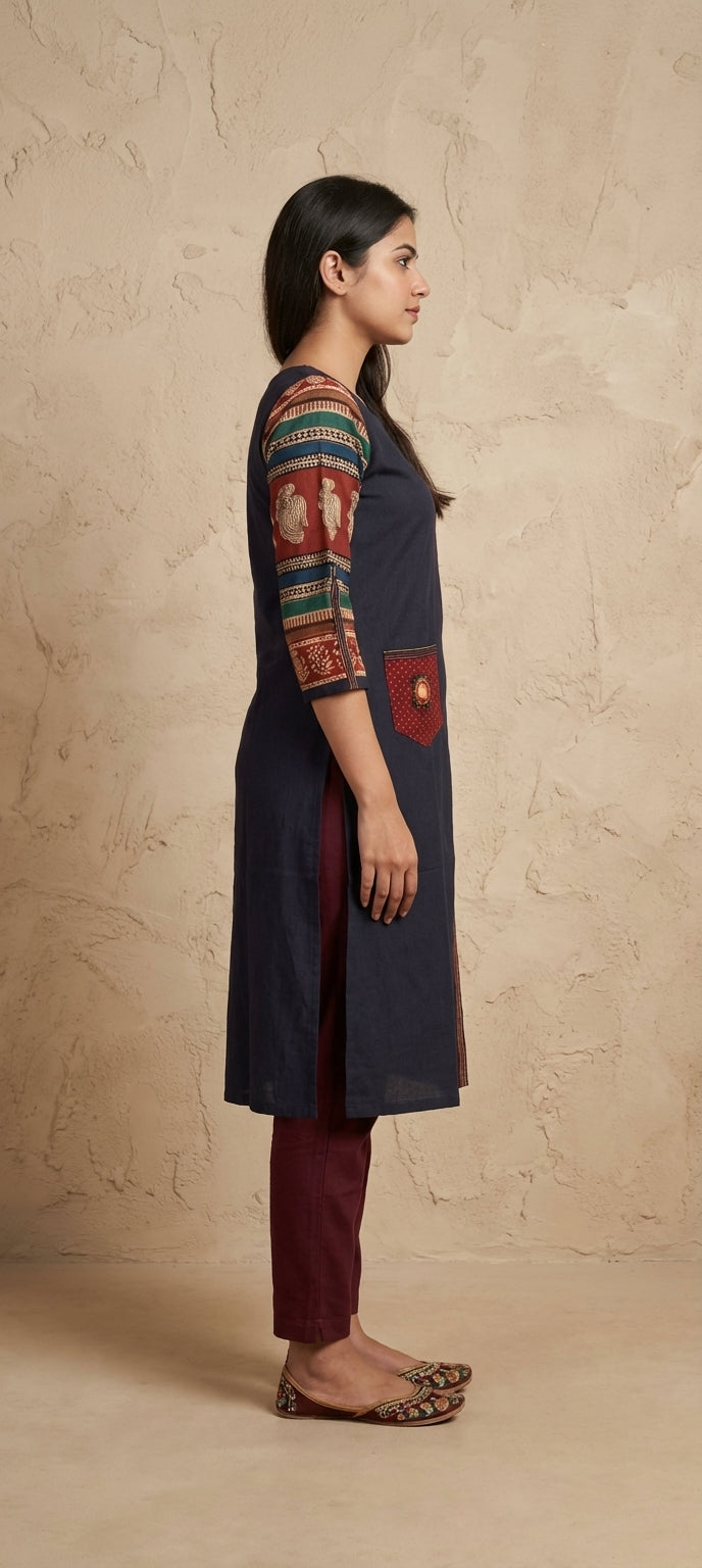 Traditional Mirror Work Embroidery Straight Long Kurti - NAVY BLUE