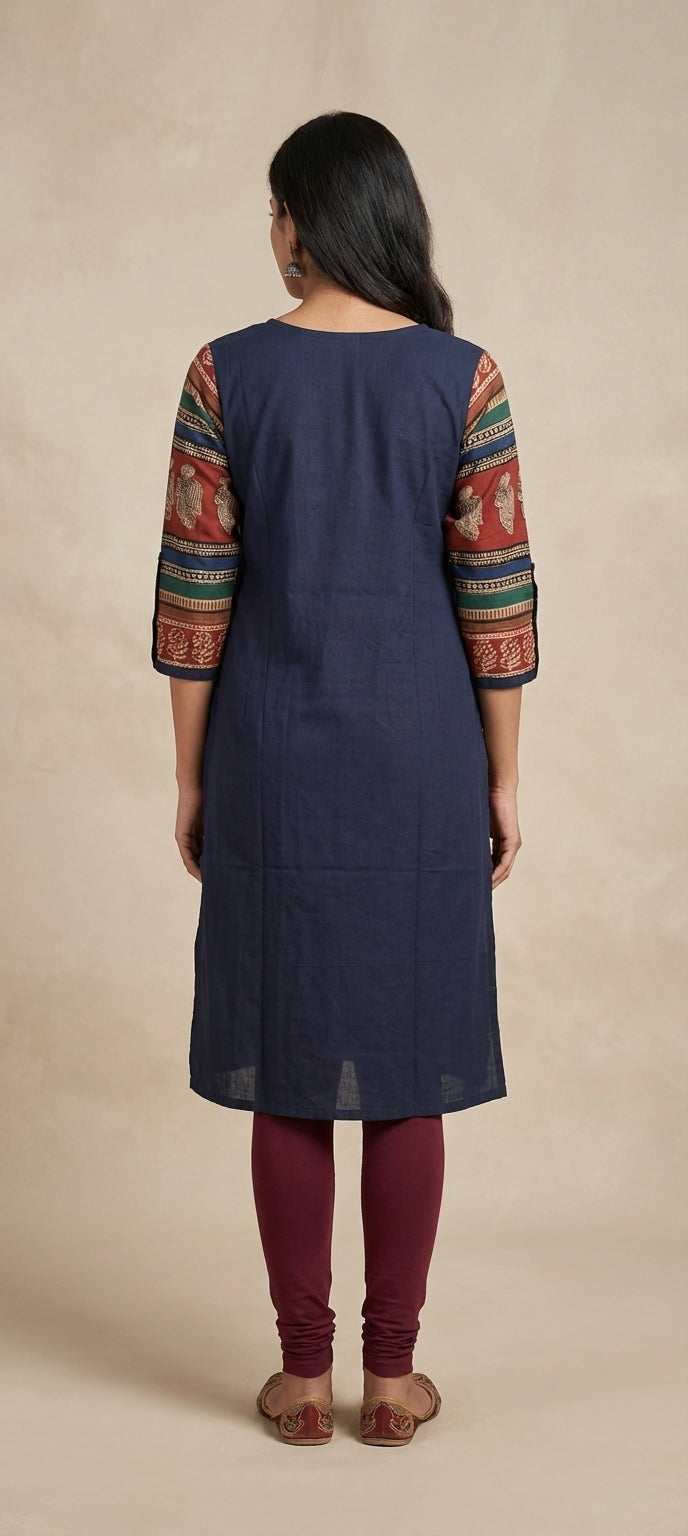 Traditional Mirror Work Embroidery Straight Long Kurti - NAVY BLUE