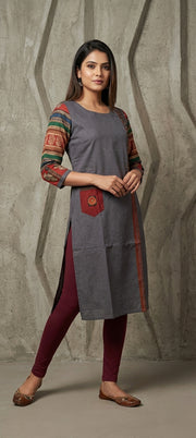 Traditional Mirror Work Embroidery Straight Long Kurti - DARK GRAY
