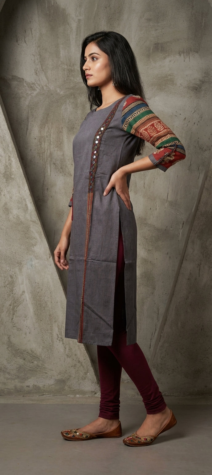 Traditional Mirror Work Embroidery Straight Long Kurti - DARK GRAY