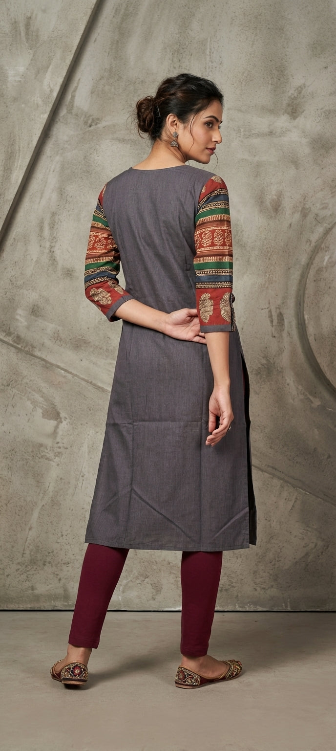 Traditional Mirror Work Embroidery Straight Long Kurti - DARK GRAY