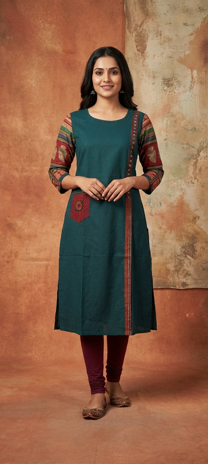 Traditional Mirror Work Embroidery Straight Long Kurti - TEAL
