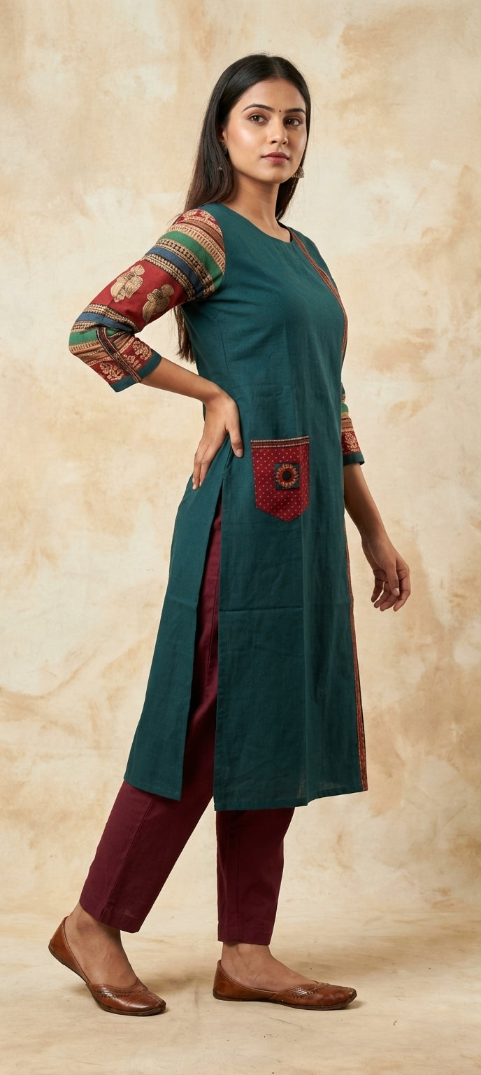 Traditional Mirror Work Embroidery Straight Long Kurti - TEAL