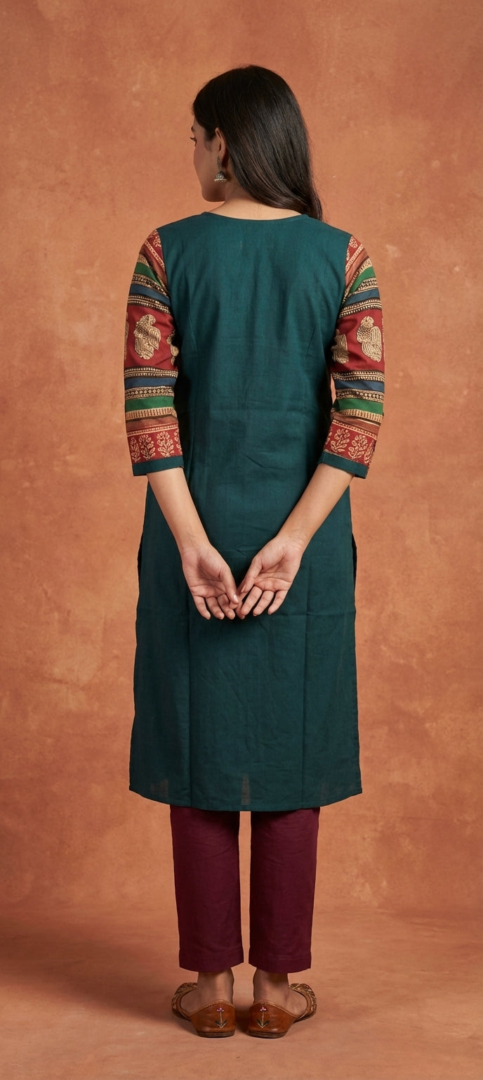 Traditional Mirror Work Embroidery Straight Long Kurti - TEAL