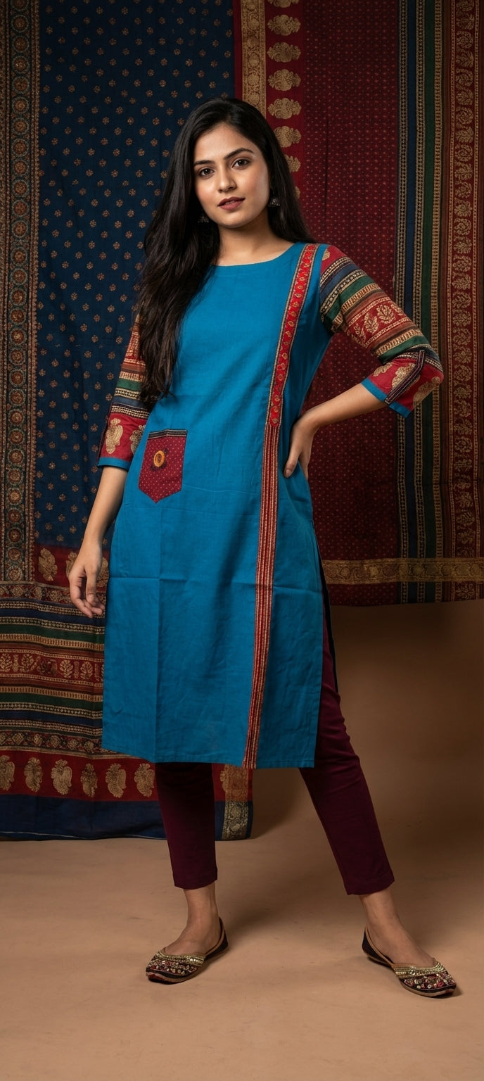 Traditional Mirror Work Embroidery Straight Long Kurti-  BLUE