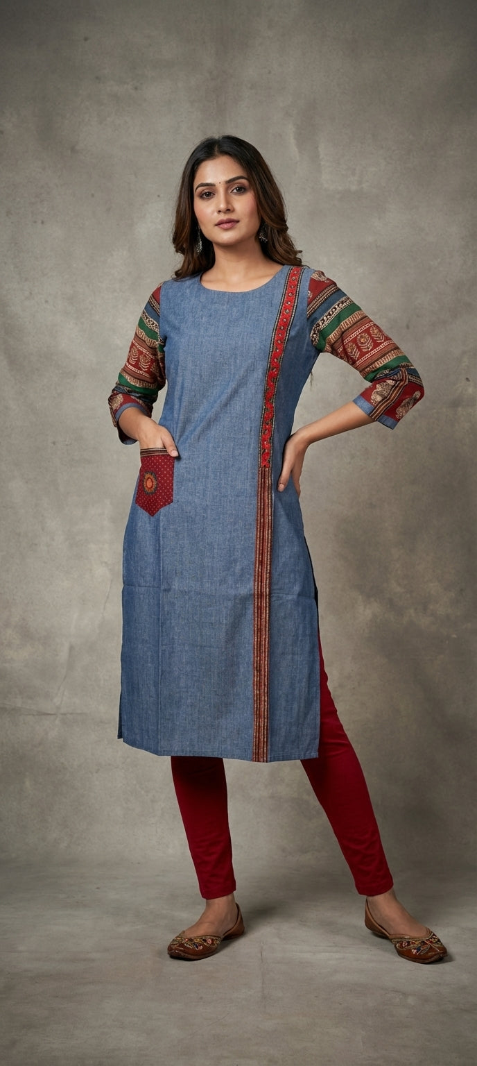 Traditional Mirror Work Embroidery Straight Long Kurti - DENIM BLUE