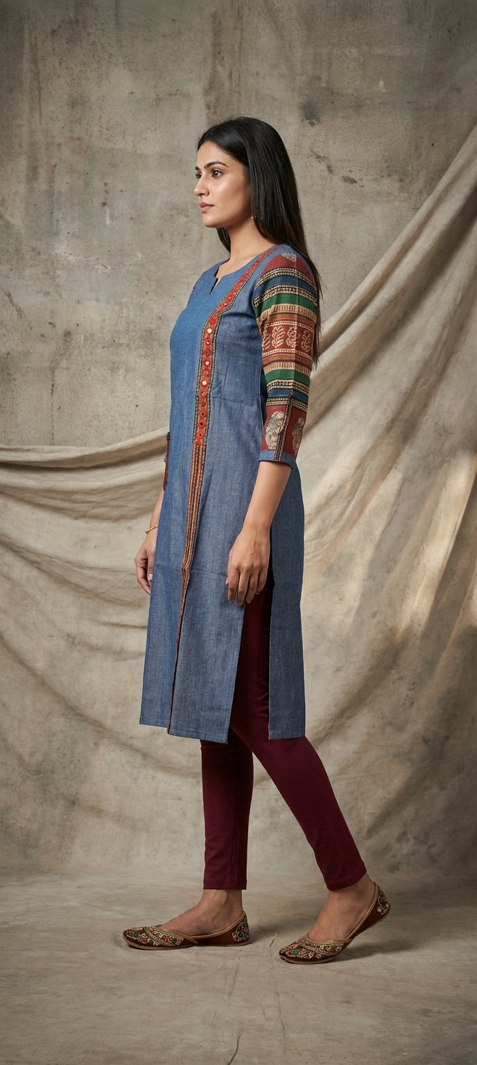 Traditional Mirror Work Embroidery Straight Long Kurti - DENIM BLUE