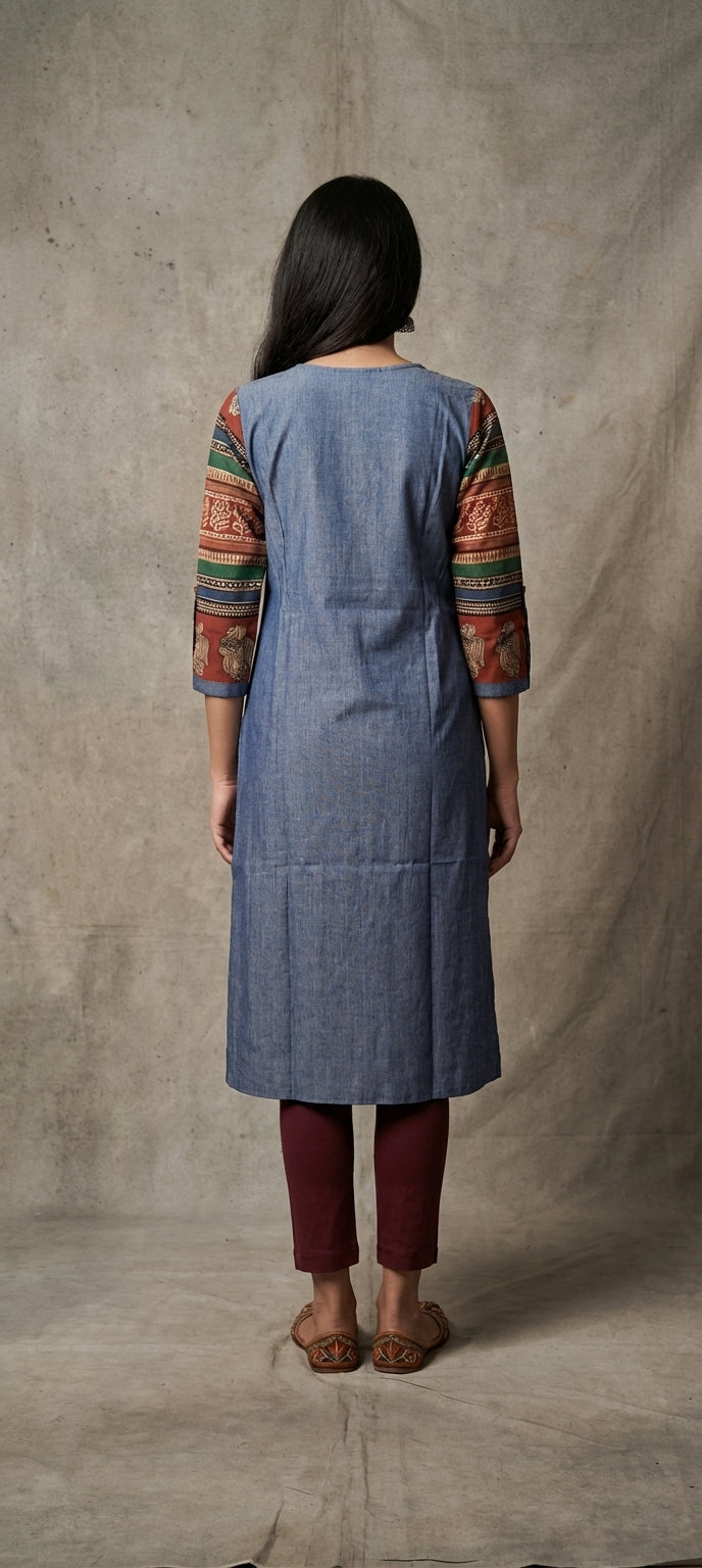 Traditional Mirror Work Embroidery Straight Long Kurti - DENIM BLUE