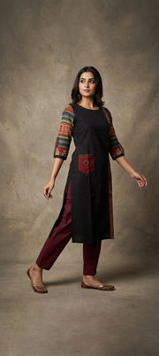 Traditional Mirror Work Embroidery Straight Long Kurti - BLACK