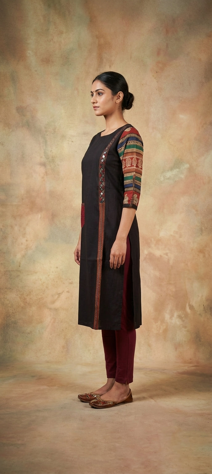 Traditional Mirror Work Embroidery Straight Long Kurti - BLACK