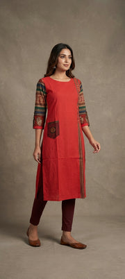 Traditional Mirror Work Embroidery Straight Long Kurti - TOMATO RED